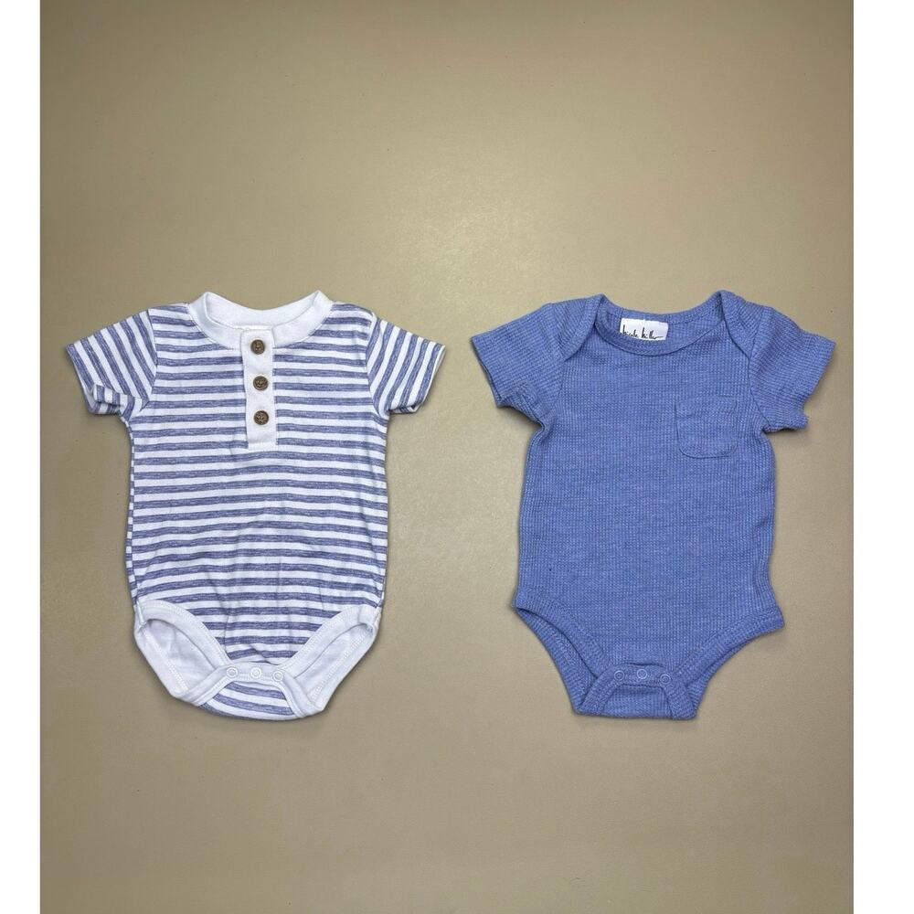 Nicole Miller New York Baby Bodysuit Set 3-6M Blue Striped Waffle Knit EUC